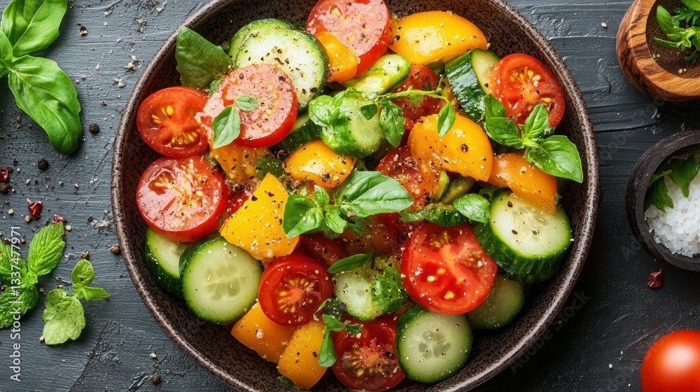 Vibrant summer salad with sliced tomatoes, cucumbers, and yellow bell peppers. Fresh herbs add a burst of flavor Vibrant summer salad with sliced tomatoes, cucumbers, and yellow bell peppers. Fresh herbs add a burst of flavor
