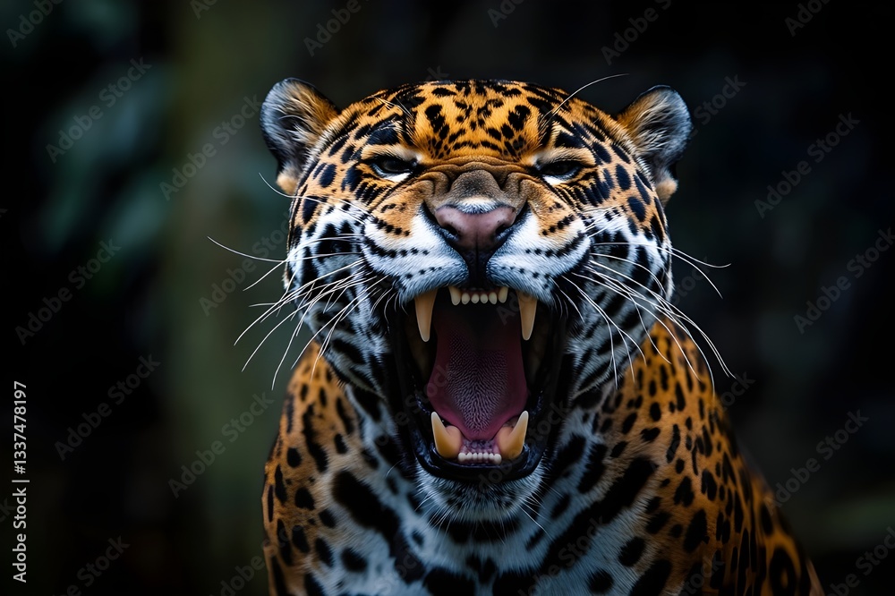 Obraz premium Jaguar roaring in the forest in a dark attractive lighting style