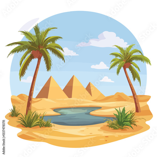 Serene Egyptian Desert Landscape with Lake and Palm Trees