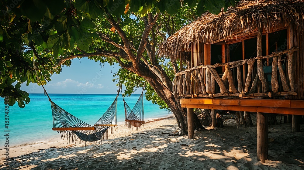 Naklejka premium Hammocks Hanging on Beach Near Tropical Hut with Turquoise Water