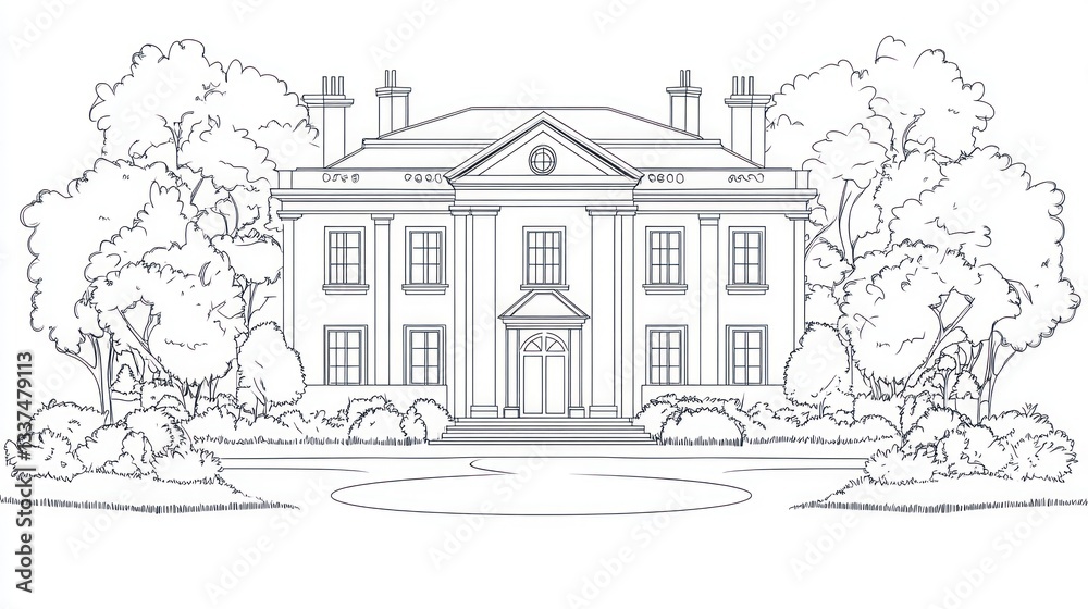Obraz premium Classic Estate Drawing, Exterior, Lush Landscaping, Architectural Design, Great for real estate, home decor, or design inspiration
