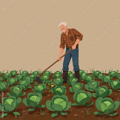 Farmer Tending Cabbage Plants in Field Working Diligently with Hoe