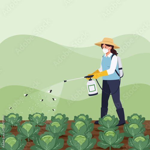Spraying Cabbage Plants in Field with Sprayer While Wearing Mask