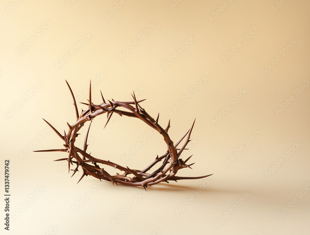 Fototapeta premium Dramatic Crown of Thorns on Beige - Raymond Saille-Inspired Sacred Art with Copy Space, Symbolizing Christ's Sacrifice - Easter Wallpaper for Faith-Based Design, Church Media & Spiritual Branding