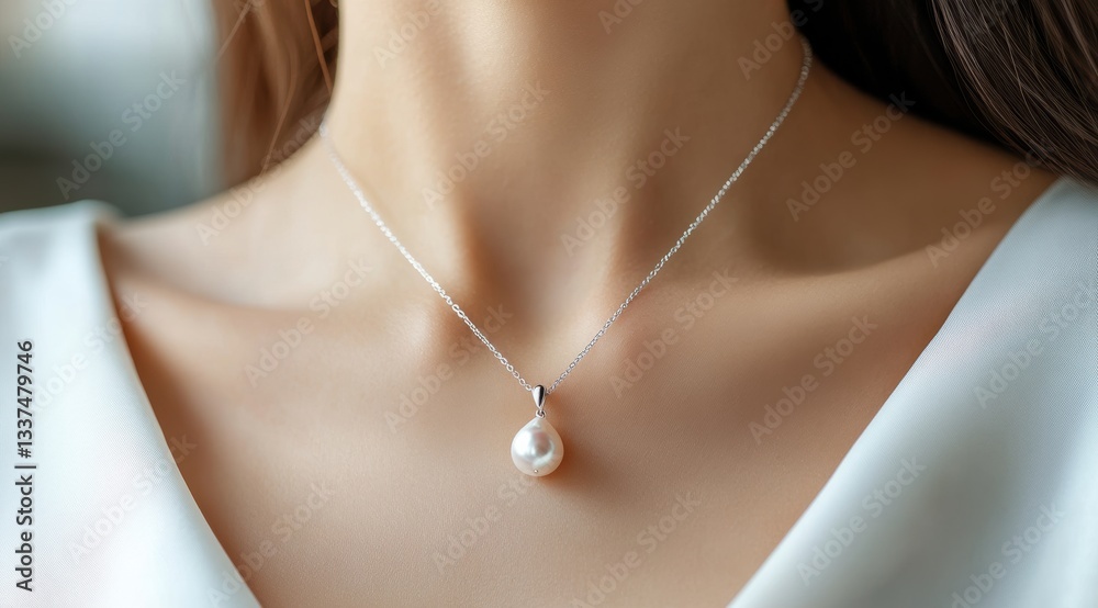 Elegant pearl necklace on woman close-up photography fashion indoor natural light jewelry concept Elegant pearl necklace on woman close-up photography fashion indoor natural light jewelry concept