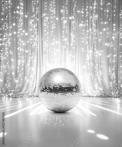 Disco ball on glossy floor with silver curtain	
