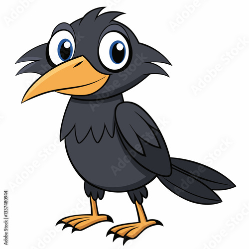 Cute cartoon crow character with bright eyes, playful expression, ideal for bird illustrations, educational designs, and nature-themed artwork.