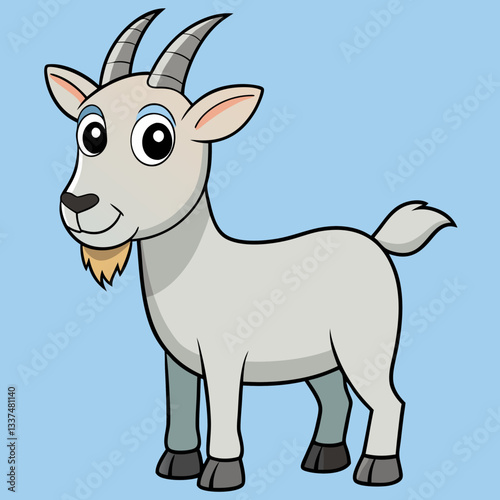 Cute Cartoon Goat Vector Illustration – Smiling Farm Animal with Horns and Beard, Perfect for Kids Education, Stickers, Animal Graphics, and Farm-Themed Designs