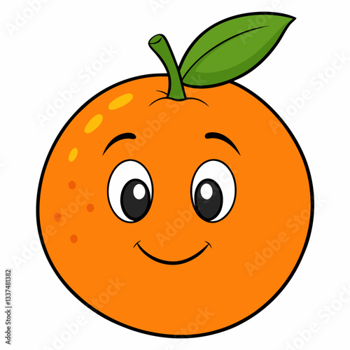Cute Cartoon Smiling Orange Fruit Character with Green Leaf on White Background ​