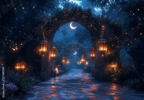 Mystical Pathway Illuminated by Lanterns Under Crescent Moon  Surrounded by Greenery  