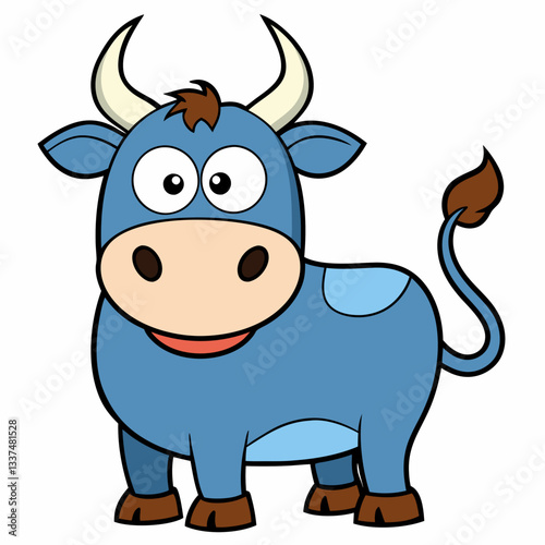 Cute Cartoon Smiling Blue Cow Character with Horns and Tail on White Background ​