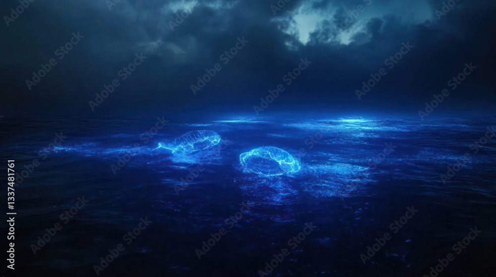 Enigmatic bioluminescent jellyfish illuminating a tranquil, nocturnal ocean surface Enigmatic bioluminescent jellyfish illuminating a tranquil, nocturnal ocean surface