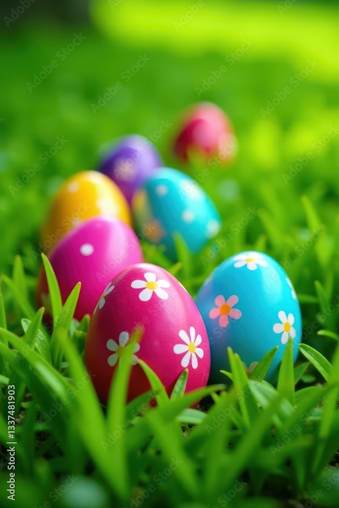 Colorful Easter eggs nestled in vibrant green grass , colorful, field, meadow Colorful Easter eggs nestled in vibrant green grass , colorful, field, meadow