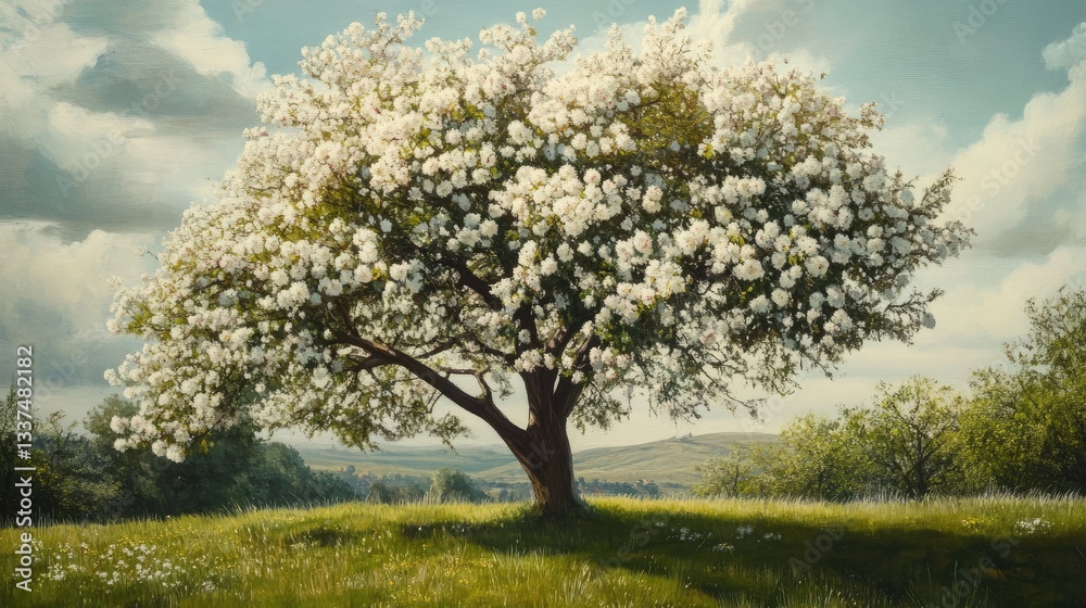 Fototapeta premium Lush flowering tree in a serene landscape, surrounded by rolling hills and vibrant greenery under a blue sky