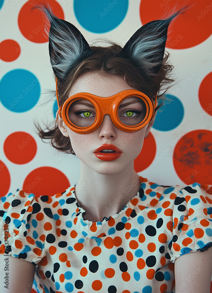 Eccentric Fashion Portrait: Playful Model in Polka Dot Dress with Cat Ears & Orange Goggles – Retro Pop Art Style on Colorful Dotted Background for Magazine Covers & Ad Campaigns Eccentric Fashion Portrait: Playful Model in Polka Dot Dress with Cat Ears & Orange Goggles – Retro Pop Art Style on Colorful Dotted Background for Magazine Covers & Ad Campaigns