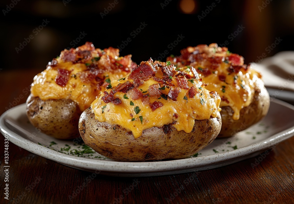 Fototapeta premium Baked potatoes topped with melted cheese, crispy bacon, and fresh herbs served on a plate in a cozy restaurant setting