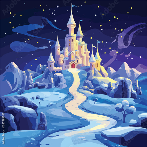 Enchanting Fantasy Castle Under Magical Night Sky Vector Illustration