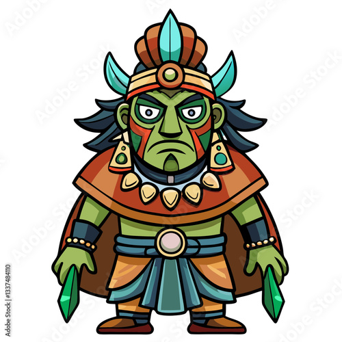an illustration of an ancient tribal leader, wearing a decorative headdress and holding green crystal artifacts