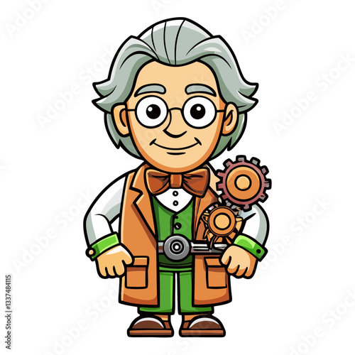 a cartoon illustration of a friendly scientist or inventor holding some gears, perfect for educational or creative projects. The scientist wears glasses, and has a stylish outfit with a bow tie