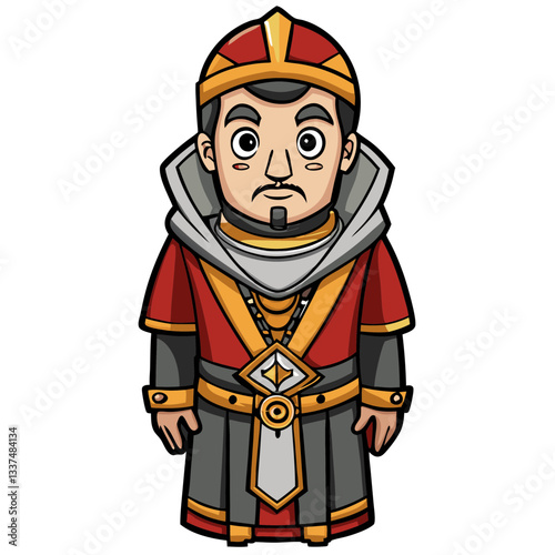 a cartoon illustration of a king, wearing a royal crown and attire
