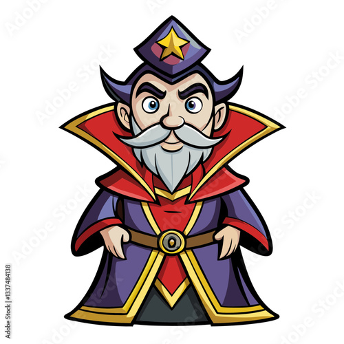 an illustration of a wizard with a star-shaped hat, wearing a long robe with a long beard