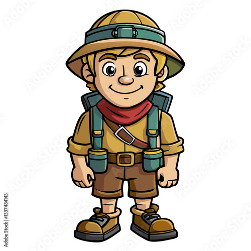 a cartoon illustration of a smiling explorer, wearing a safari hat and carrying a backpack