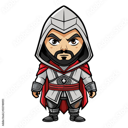 a cartoon illustration of a stylized assassin character in a white and red outfit. The assassin has a stern expression, with a hood, and red cape