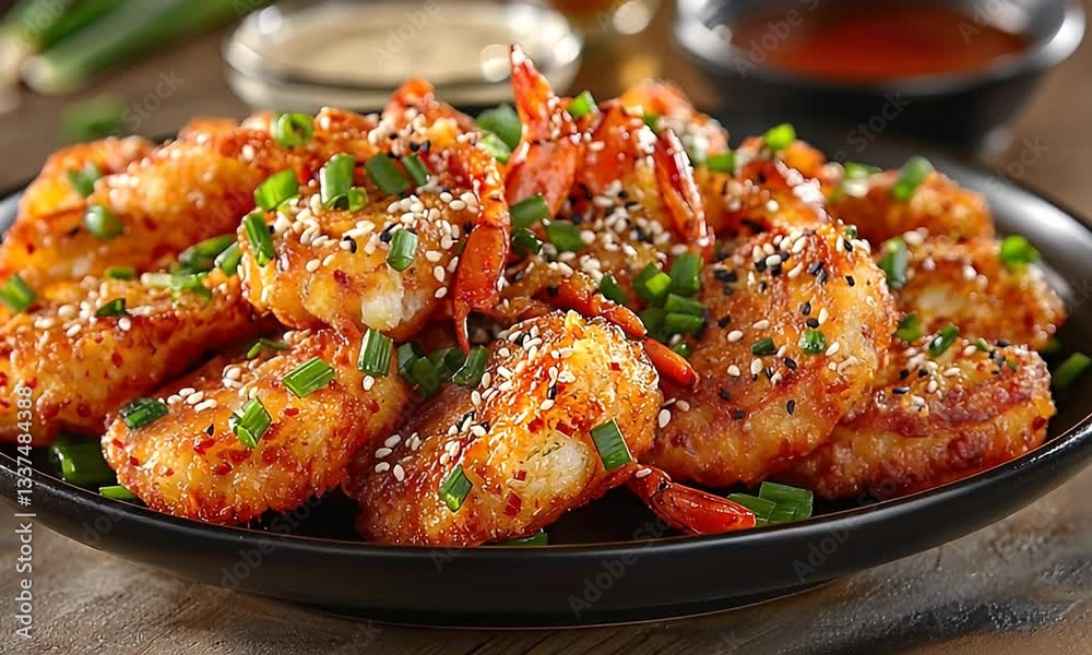 Delicious Plate of Crispy Fried Shrimp Garnished with Green Onions and Served with Dipping Sauces in a Wooden Table Setting Delicious Plate of Crispy Fried Shrimp Garnished with Green Onions and Served with Dipping Sauces in a Wooden Table Setting