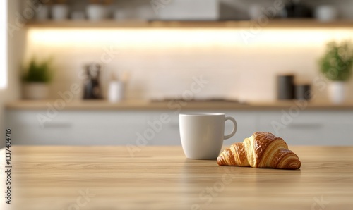 Enjoying Morning Coffee with Fresh Croissant on Wooden Kitchen Counter