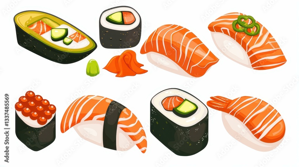 A vibrant array of sushi rolls featuring fresh salmon and creamy avocado, artfully arranged on a clean white plate. A vibrant array of sushi rolls featuring fresh salmon and creamy avocado, artfully arranged on a clean white plate.