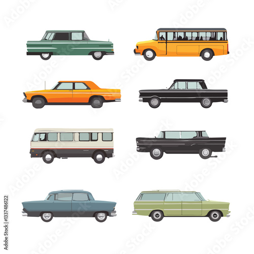 Modern Flat Cars Set with Taxi, Minivan, Cabriolet, and Pickup Truck