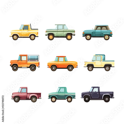 Modern Flat Cars Set with Taxi, Minivan, Cabriolet, and Pickup Truck