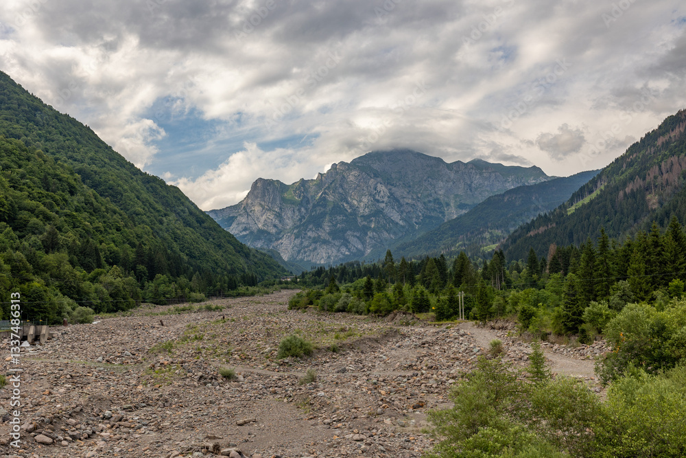 vista panoramica su un ambiente naturale di montagna, vicino al paese di Paluzza e sul torrente But, nel Friuli Venezia Giulia settentrionale, sotto un cielo nuvoloso, di giorno, in estate