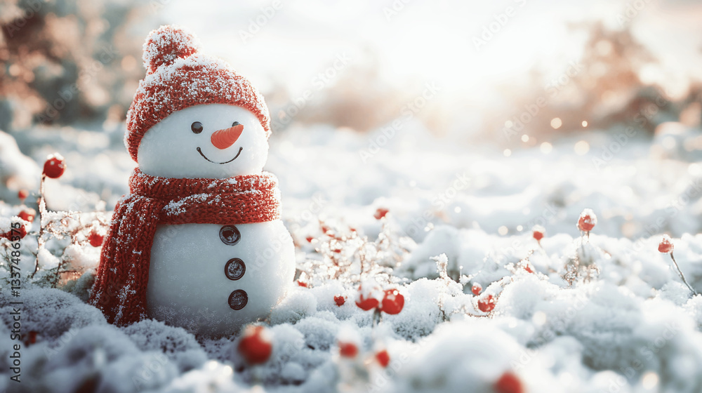 Obraz premium Adorable Miniature Snowman with Red Scarf in Glittering Snow - Christmas Holiday Decoration in Golden Winter Sunlight