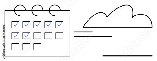 Calendar with scheduled tasks marked, connected to a cloud design. Ideal for productivity, organization, workflow, cloud services, teamwork, scheduling collaboration. Flat simple metaphor