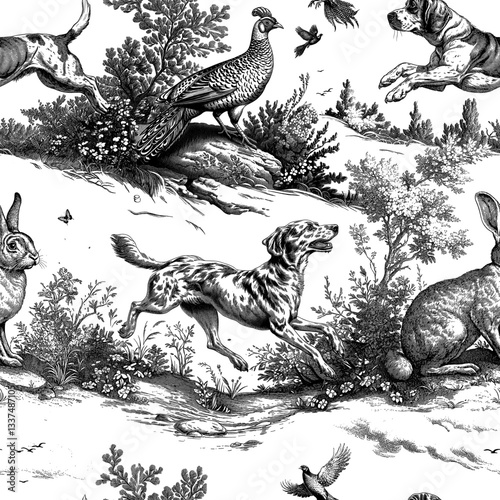 Seamless vector pattern with dogs, forest animals and birds. Traditional old European hunting motifs. Vintage engraving style illustration.
