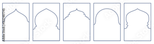 Line islamic windows, mosque doors isolated on white. Ramadan or Al-Adha decoration, holiday frames. Vertical format for cards or social media. Transparent background in vector file.