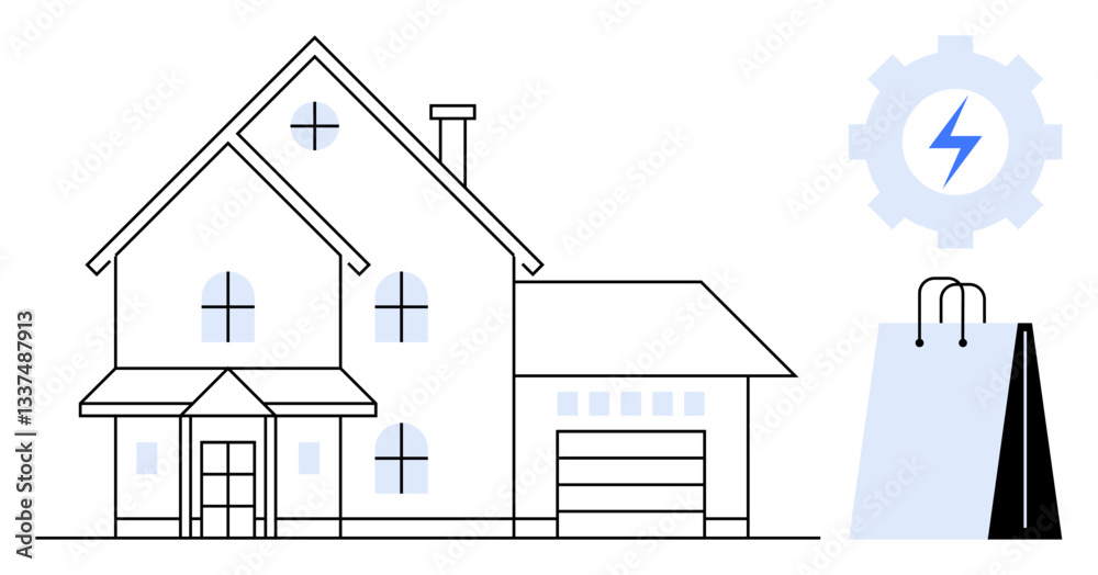 Residential house with windows, garage, shopping bag, and gear with energy icon. Ideal for home automation, sustainability, energy efficiency, e-commerce, shopping modern living flat simple Residential house with windows, garage, shopping bag, and gear with energy icon. Ideal for home automation, sustainability, energy efficiency, e-commerce, shopping modern living flat simple