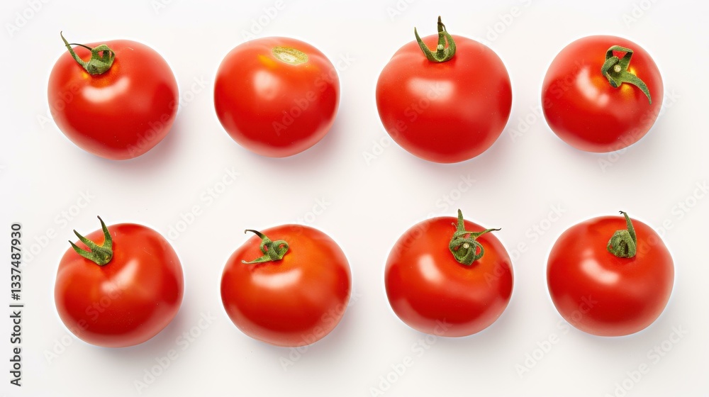 Fresh, vibrant tomatoes arranged neatly on a white backdrop, showcasing their rich colors and natural shine. Fresh, vibrant tomatoes arranged neatly on a white backdrop, showcasing their rich colors and natural shine.