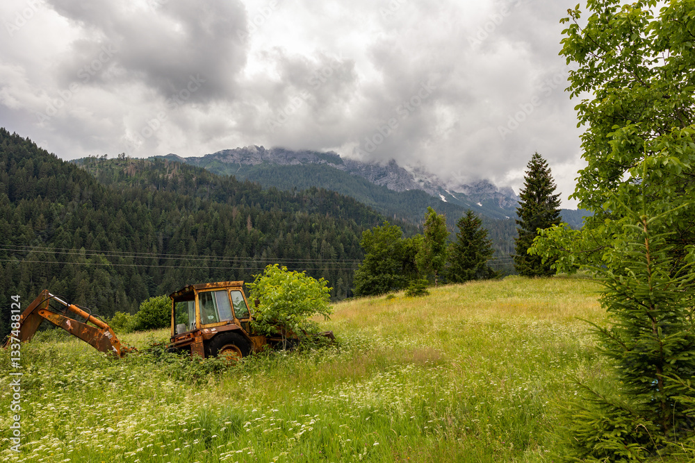 vista panoramica su un ambiente naturale di montagna nell'Italia settentrionale, di giorno, in estate, con cielo nuvoloso e coperto e con una vecchia ruspa abbandonata in un campo con erba alta