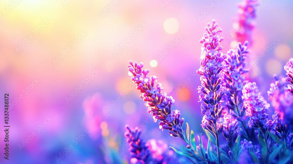 Naklejka premium Experience the serene beauty of blooming lilacs in soft pink and violet hues, captured in the gentle sunrise light.