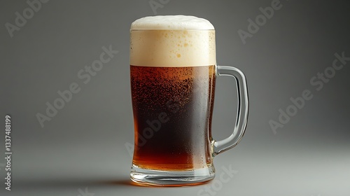 Classic bock beer in frosty glass mug with foamy head. Rich amber color and effervescent bubbles. Refreshing and traditional dark lager. Bock Beer Day celebration concept