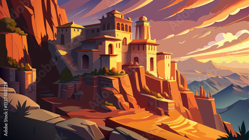 vector of remote desert monastery carved into the side of a cliff, bathed in the golden light of the setting sun
