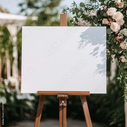 Blank easel sign, outdoor wedding backdrop