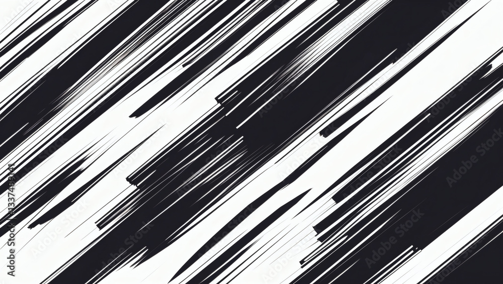 Obraz premium Dynamic black and white abstract art, portraying the concept of acceleration or motion with contrasting linear shapes and a white background.