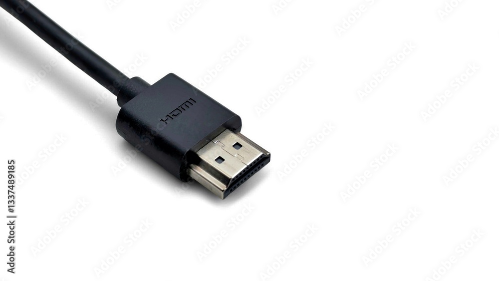 Closeup view of a high-speed, HDMI cable, isolated on white background with space for text. Closeup view of a high-speed, HDMI cable, isolated on white background with space for text.