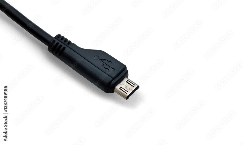 Closeup view of a micro-USB cable connector, isolated on a white background with space for text. Closeup view of a micro-USB cable connector, isolated on a white background with space for text.