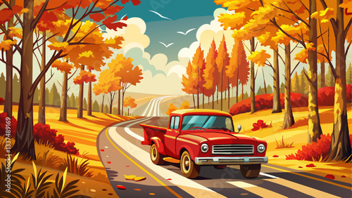 vector of quiet rural road lined with autumn trees, golden leaves covering the ground, and a red vintage pickup truck parked by the side.