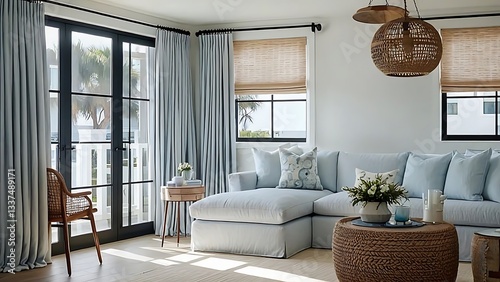 Coastal Living Room Design: Light Blue Sectional, Natural Textures