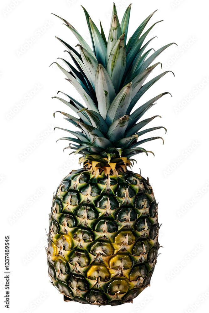 Fototapeta premium Single Pineapple with Green Leaves and Yellow Body Detailed Texture with Dark Background